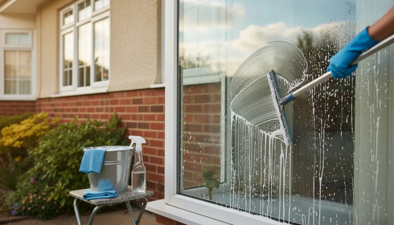 Ydersiden af et parcelhusvindue bliver pudset med en lang vinduesskraber og spand med sæbevand uden brug af stige.