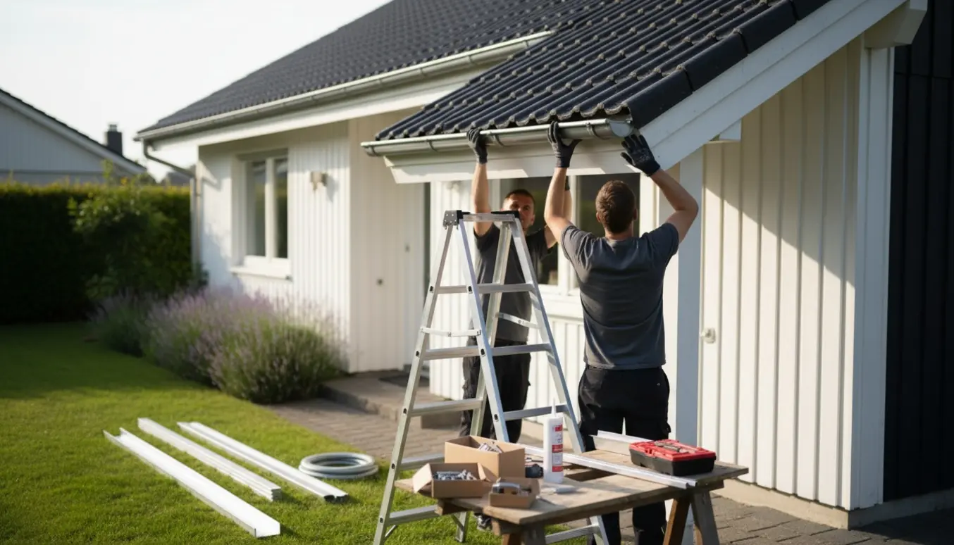 En blikkenslager på en stige monterer nye tagrender på et lavt parcelhus med værktøj og materialer arrangeret på græsset.