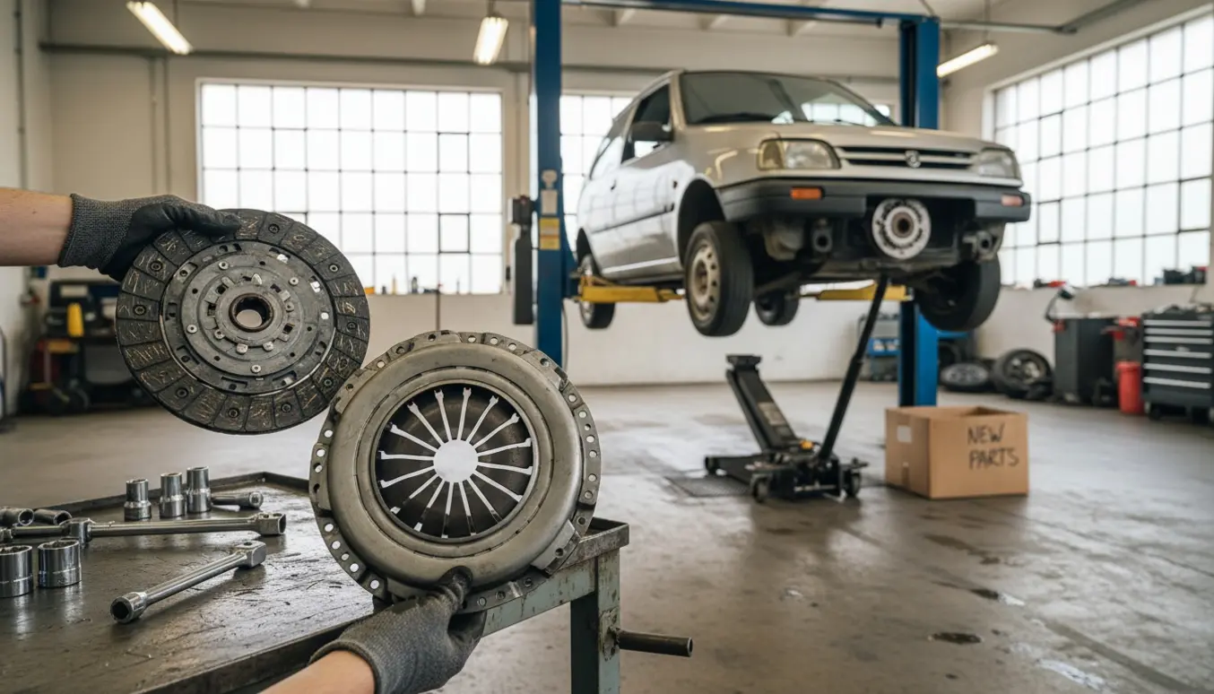 Mekaniker arbejder på at udskifte kobling på en ældre, kompakt bil i et veloplyst autoværksted.