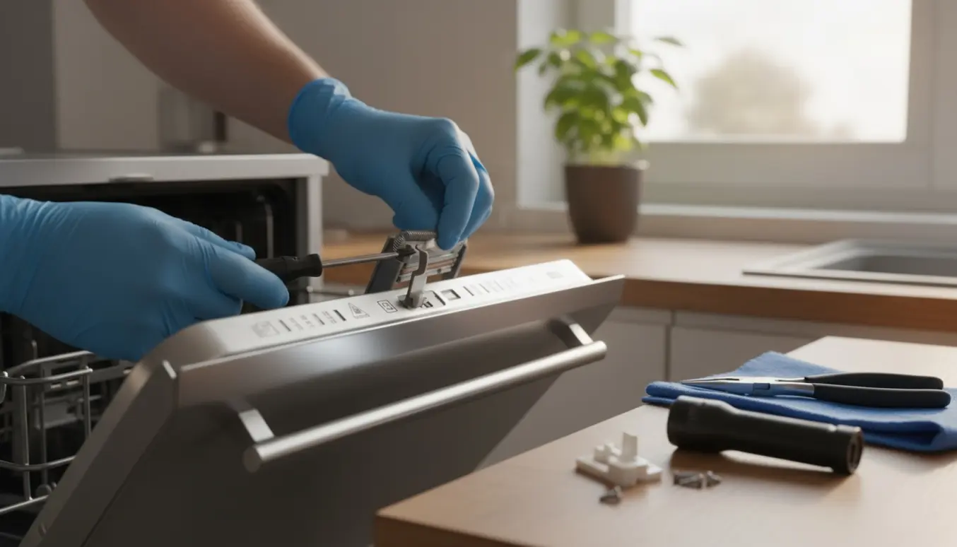 Hænder undersøger opvaskemaskinens låsemekanisme med en skruetrækker i et lyst køkken.