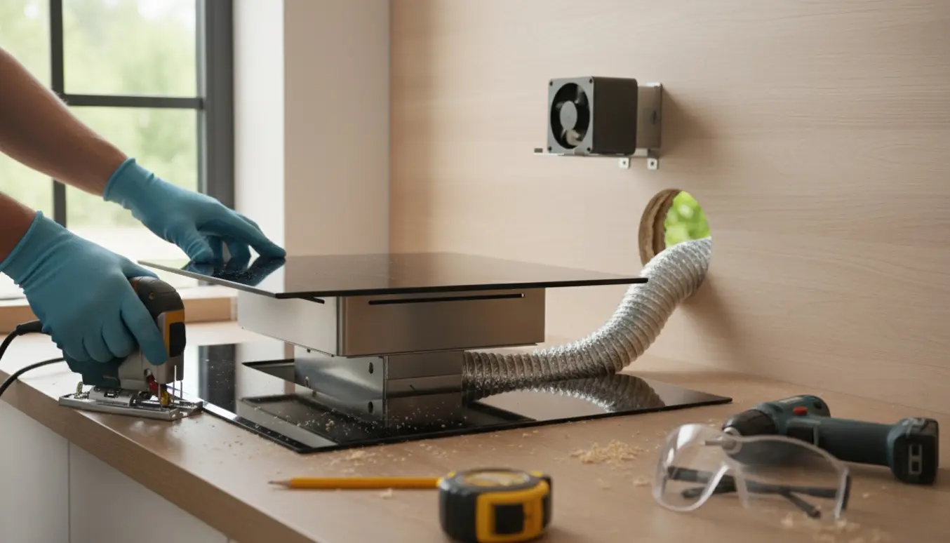 Montering af kogeplade med indbygget emhætte og hul i ydervæg til ekstern motor.