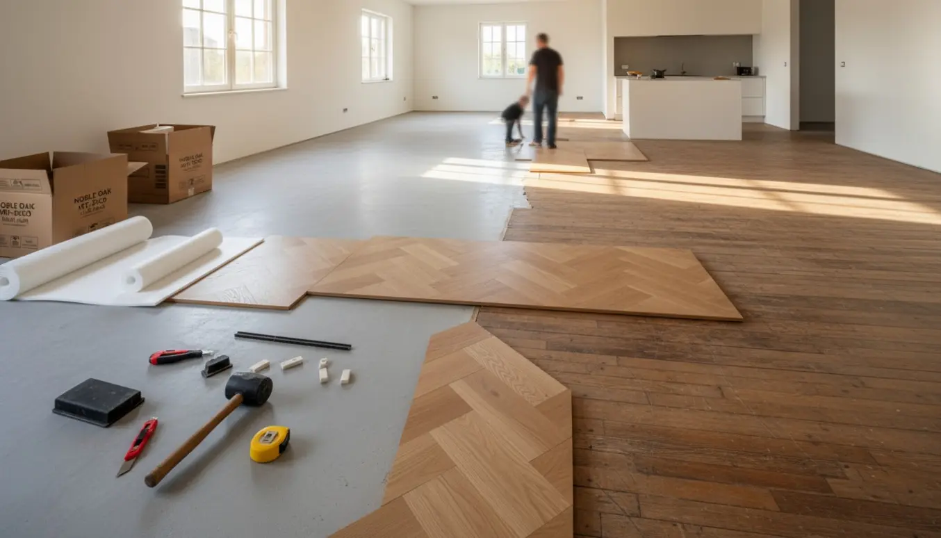 Halvfærdigt noble oak art-deco klikgulv med underlag og værktøj i et lyst køkken-alrum.