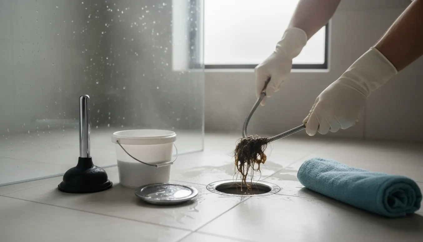 Hænder i gummihandsker trækker en hårklump op med en afløbsrenser i en stoppet brusekabine.