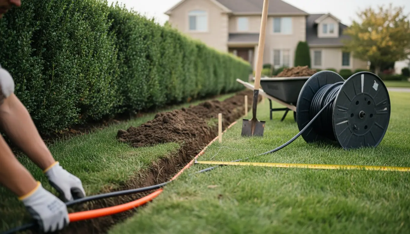 Kabel nedgraves i en forhave med grøn græsplæne, hæk, kabeloprul og redskaber.