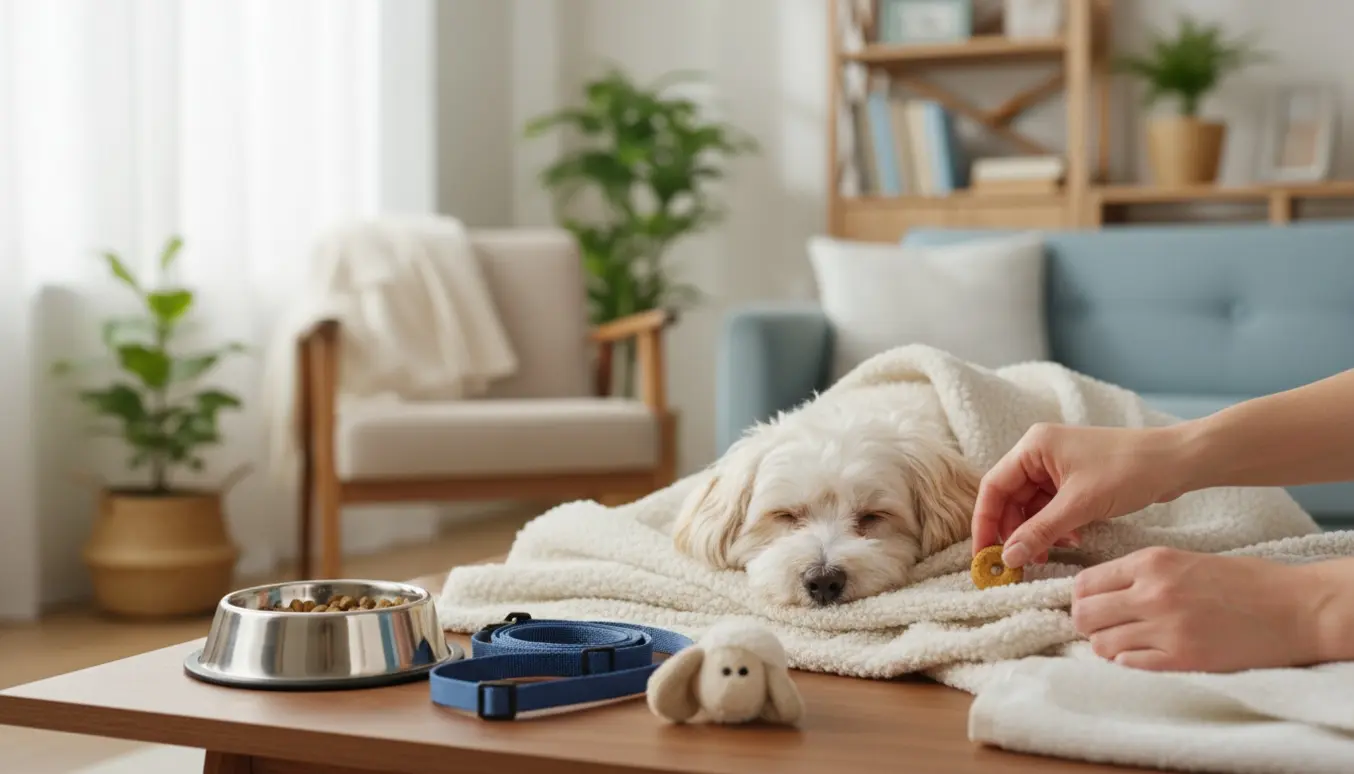 Lille hvid hund ligger på et blødt tæppe i et hyggeligt hjem med madskål, snor og legetøj ved siden af.