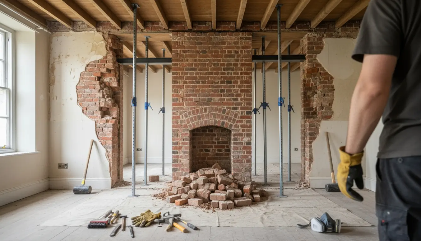 Partielt nedrevet bærende murstensvæg i et gammelt hus med midlertidige stempler og fritliggende bjælker.