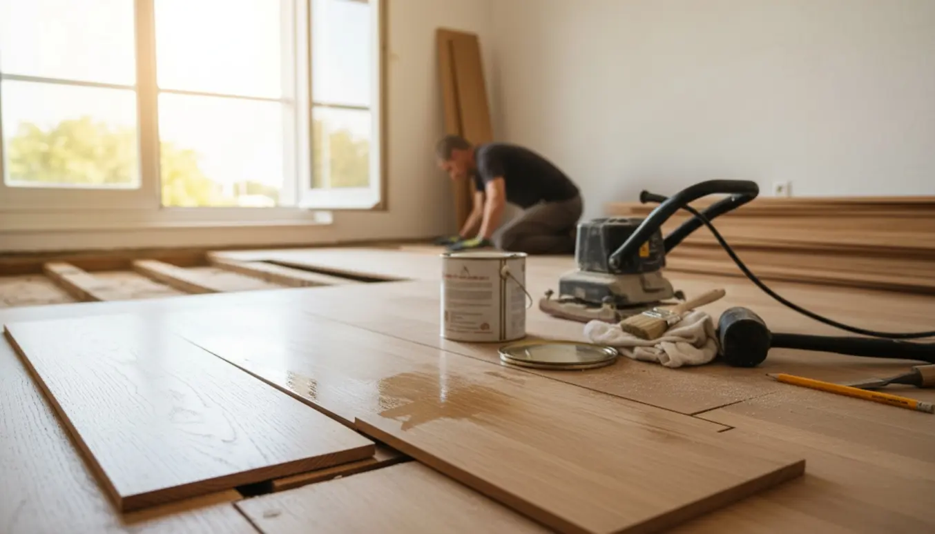Udlægning af nye trægulvsbrædder i et lille værelse med sliber, olie og værktøj i naturligt lys.