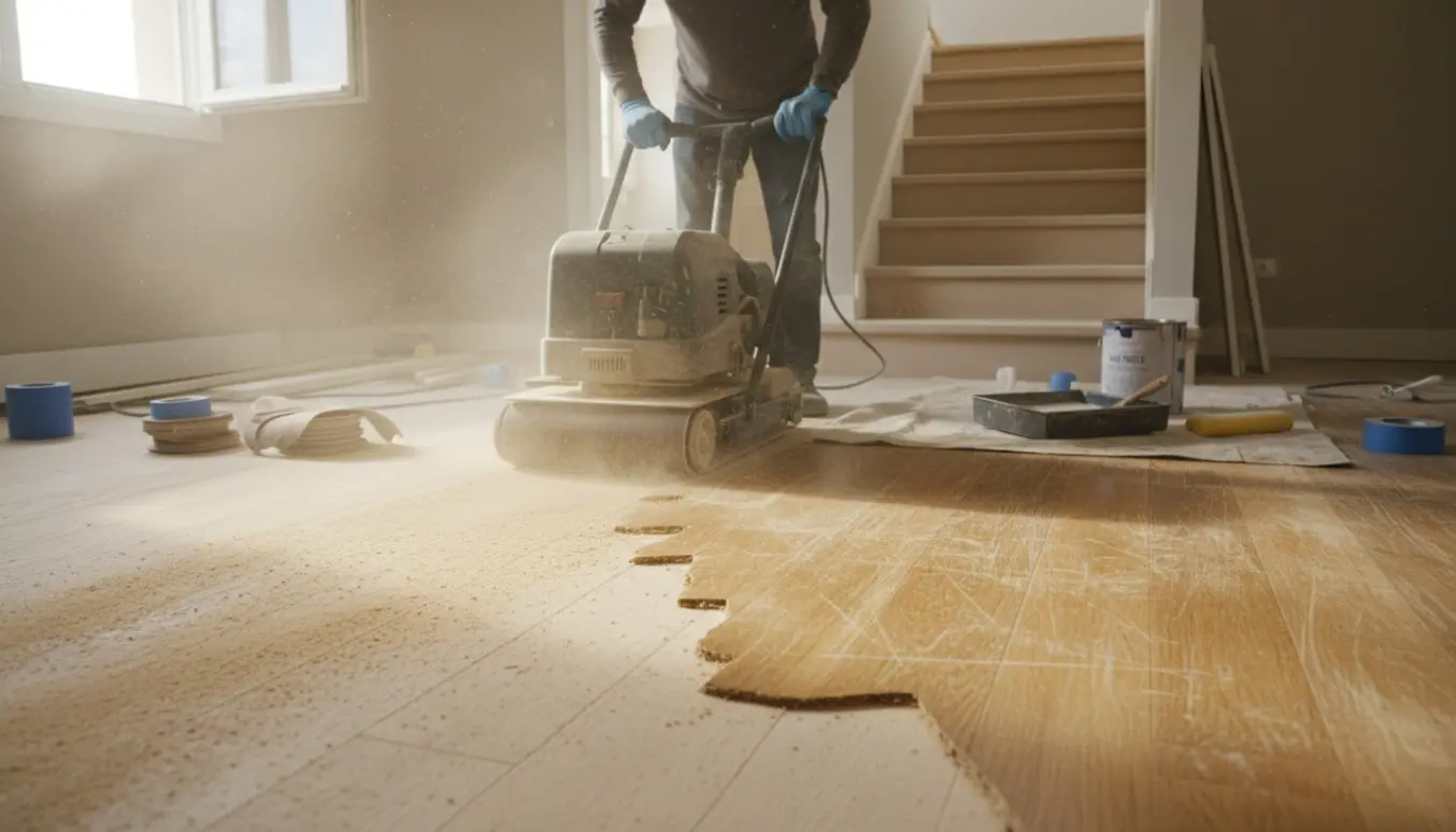 Delvist slebet trægulv i et værelse med en gulvslibemaskine i forgrunden og 13 trapper klar til mat lak.