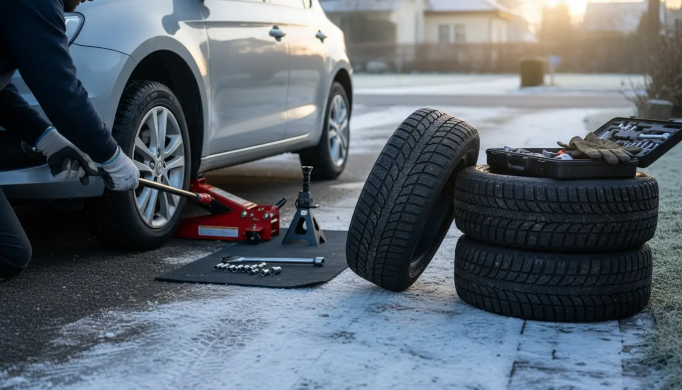 Nærbillede af dækskifte med vinterdæk og donkraft ved en lille hatchback på en snedækket indkørsel.