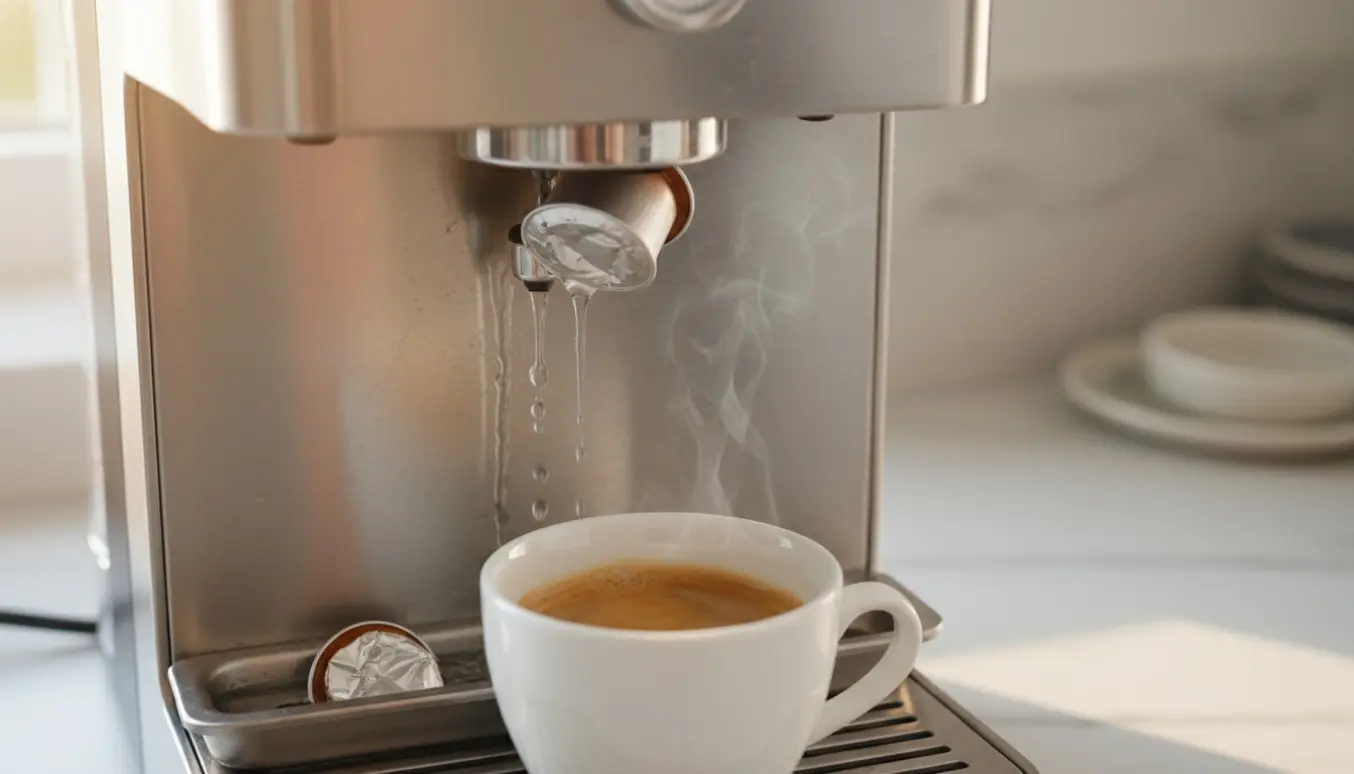 Kapsel espressomaskine med varmt vand, der løber udenom kapslen og samler sig i kapselskålen.