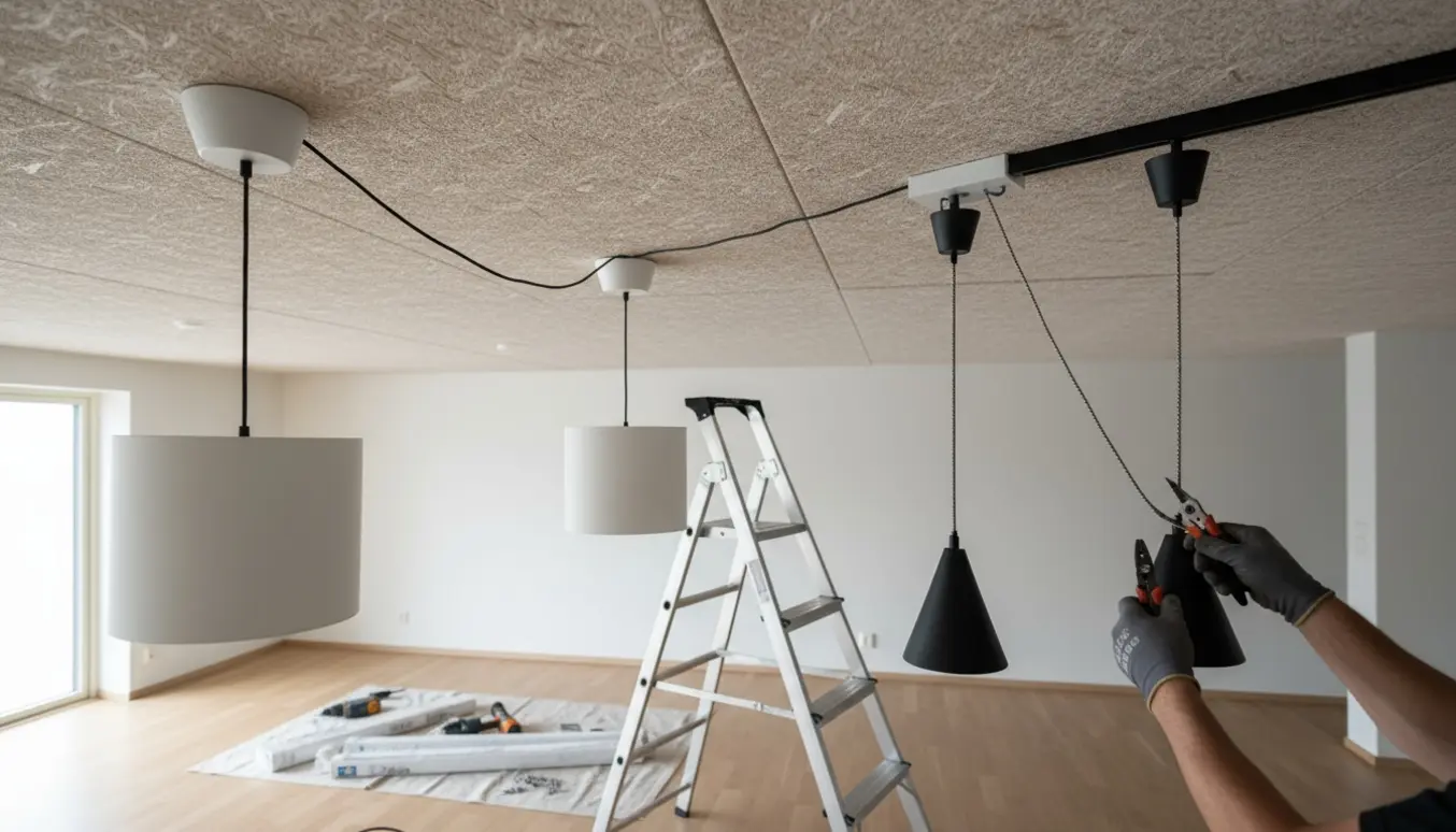 Installering af fire hængelamper i et Troldtekt-loft med værktøj og en borehammer klar til montering af gardinstænger på betonvæg.