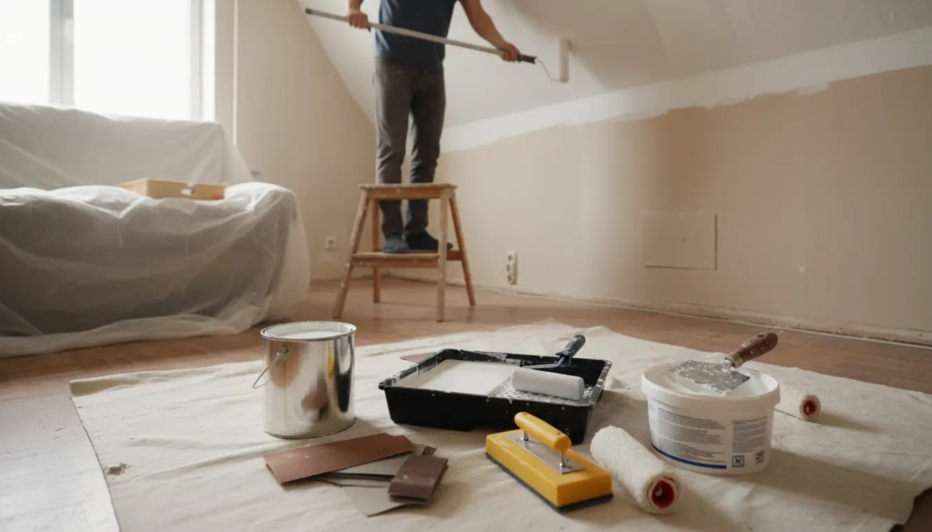 Hænder maler et loftrum med rulle, omgivet af malerbøtte, sandpapir og gipspuds på dækket gulv.