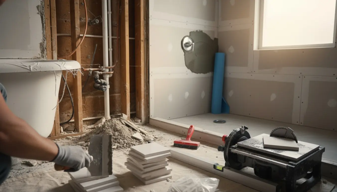 Delvist fjernet badekar og håndværker, der påfører fliselim og forbereder en ny bruser i et lyst badeværelse.