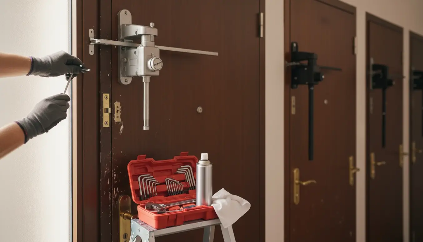 Nærbillede af hænder, der justerer en dørpumpe med værktøj og smøremiddel i en opgang.