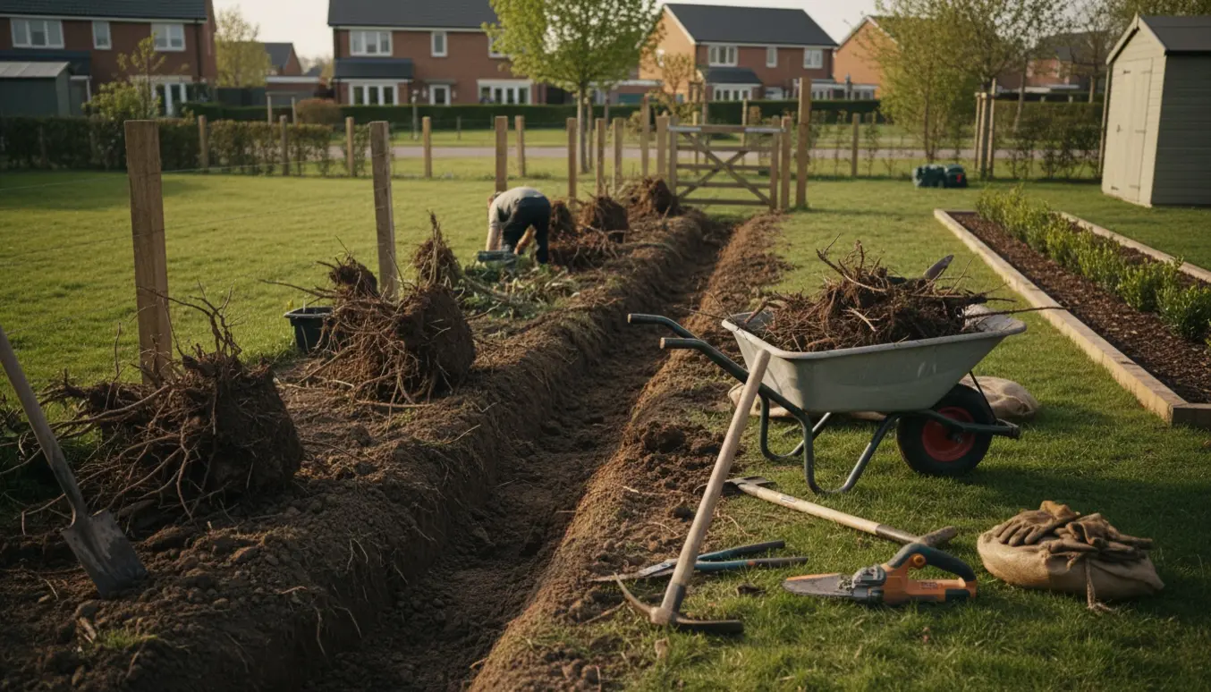 Friskgravet rende, rodklumper og værktøj efter fjernelse af en hæk ved en havegrænse.