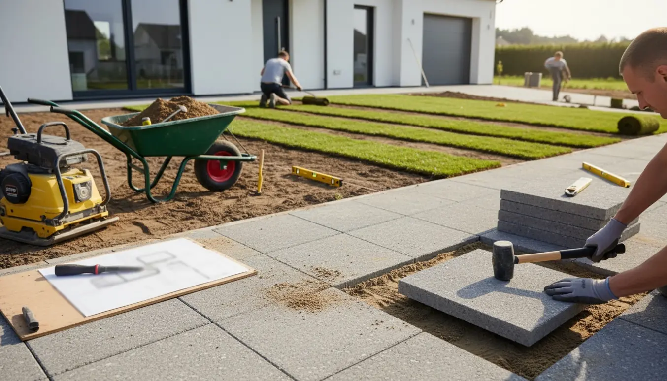 L-formet ny have ved et nybyggeri med rullegræs og stakke af store fliser klar til lægning.