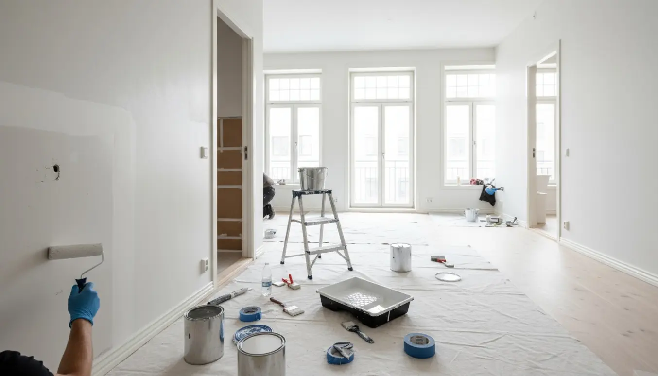 Hænder maler en tom lejlighed med afdækning, malerbøtter og værktøj klar til flyttesyn.