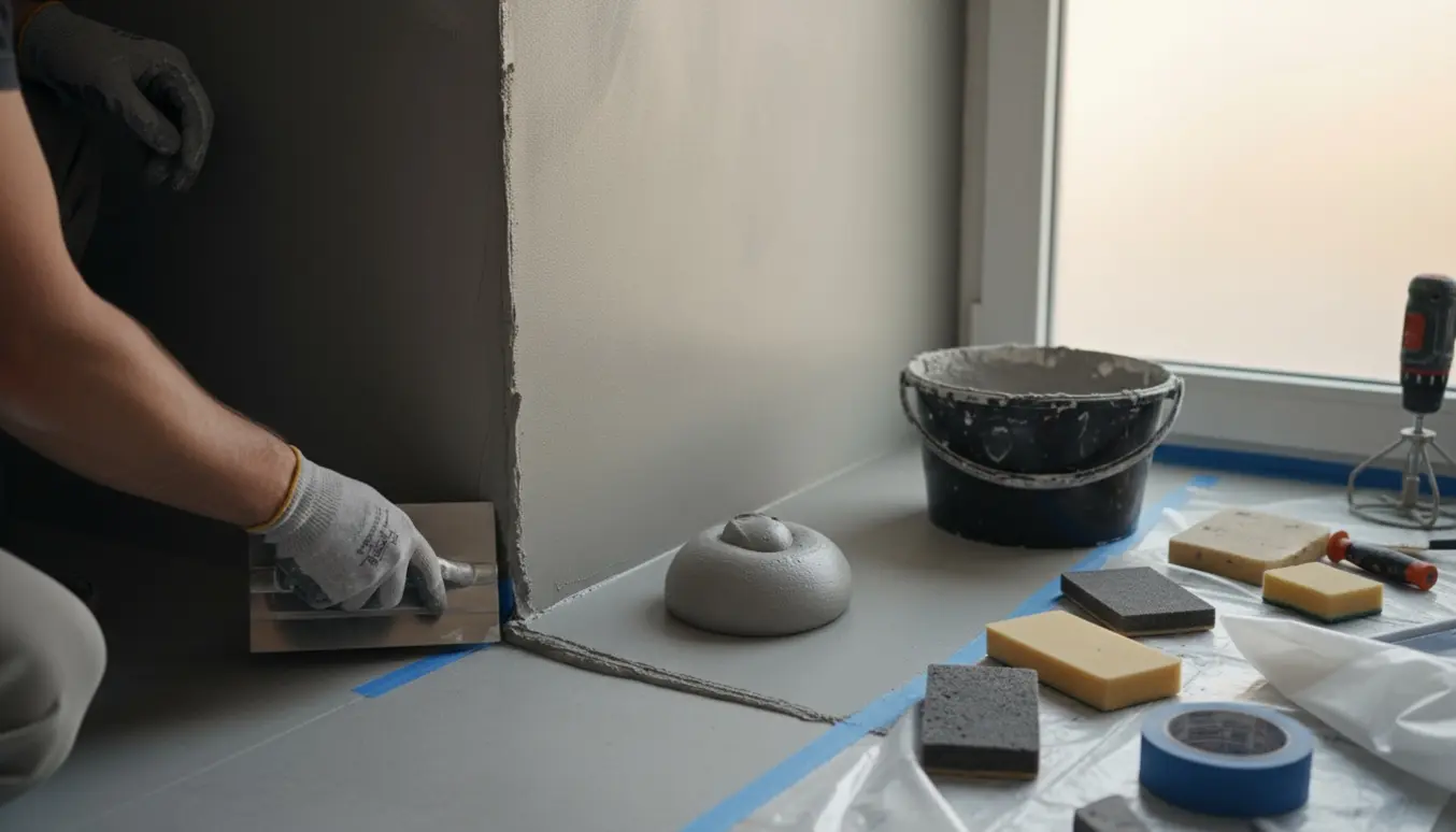 Nære hænder påfører microcement i et lille badeværelse med værktøj og blandespand.