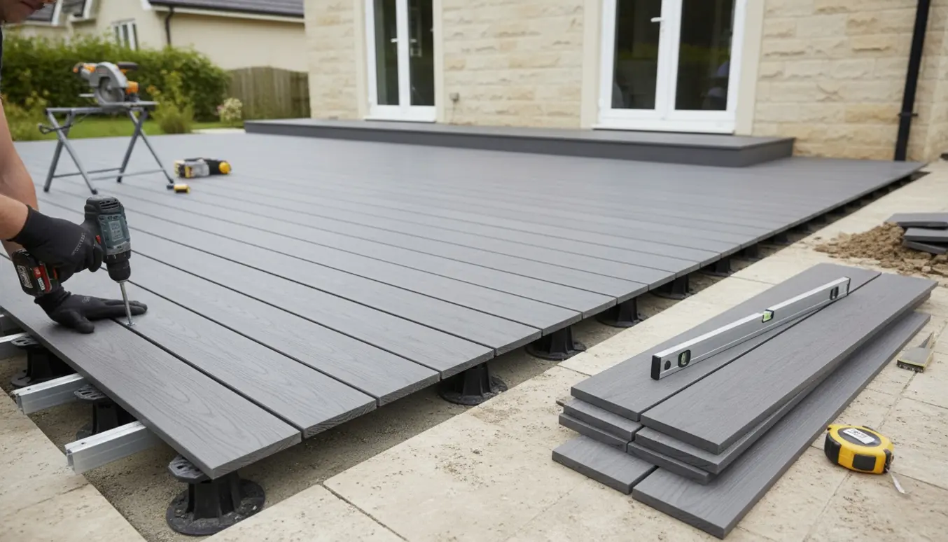 Ny grå kompositterrasse under installation omkring et hus med håndværkerhænder og værktøj.