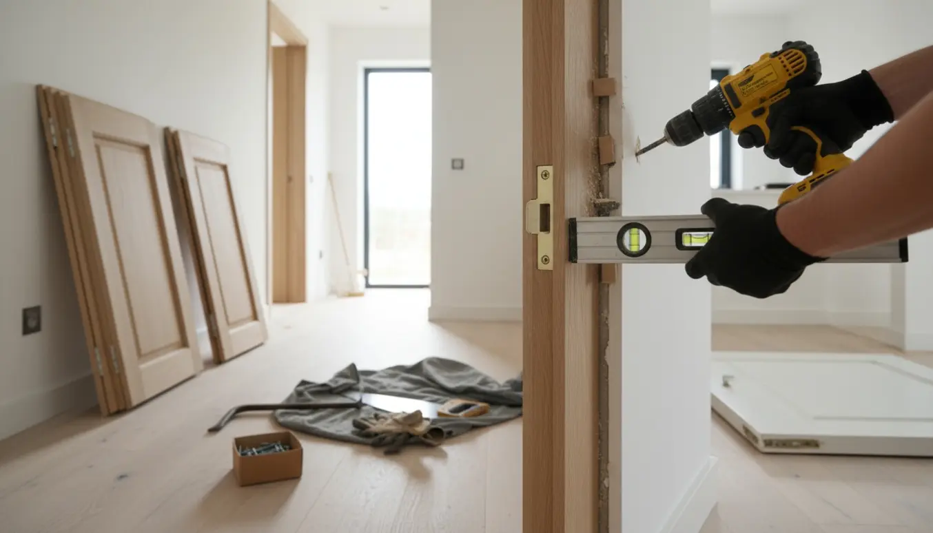 Nye døre og karme under montering i en lys gang, med værktøj og håndværkerhænder i fokus.