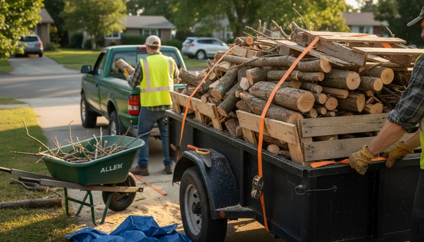 Trailer lastet med træaffald på indkørsel, to personer spænder og sikrer lasten.