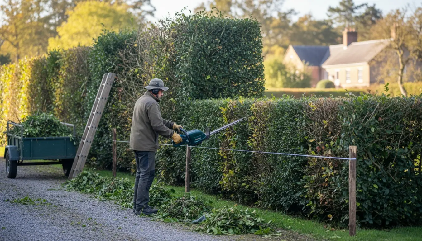 En person beskærer en lang, gammel hæk med el-hækkeklipper og en snor som højdeguide, mens afklip ligger klar til genbrugspladsen.