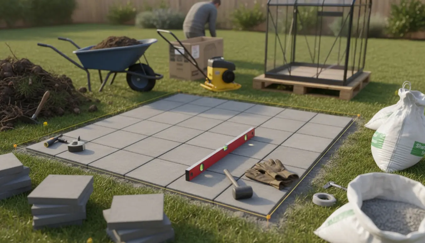 Udlægning af 40×40 cm fliser til en lille terrasse til et drivhus med værktøj og ryddet jord.