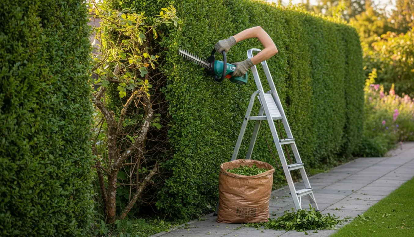 En handske-beklædt person klipper en 2–2,5 m høj ligusterhæk om sommeren, og afklipene samles i en trillebør.