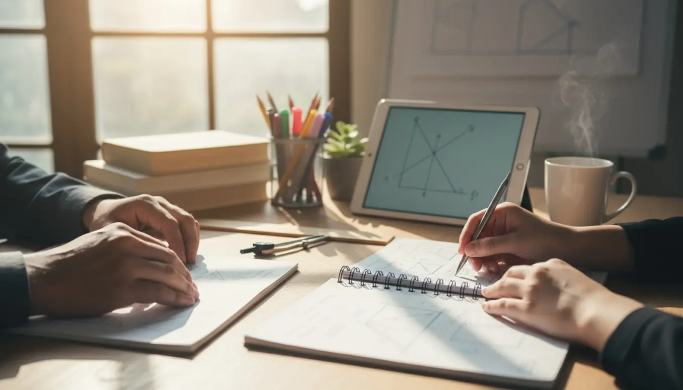 To personer arbejder over en notesbog med matematiske diagrammer ved et solbelyst skrivebord.