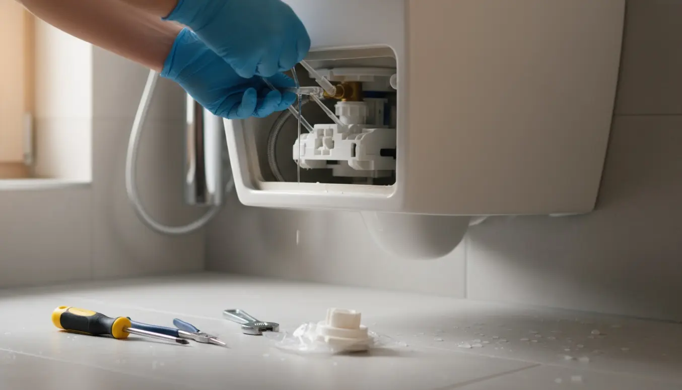 Hængetoilet med åben indbygget cisterne, hænder justerer plastikstængerne ved skyllemekanismen.