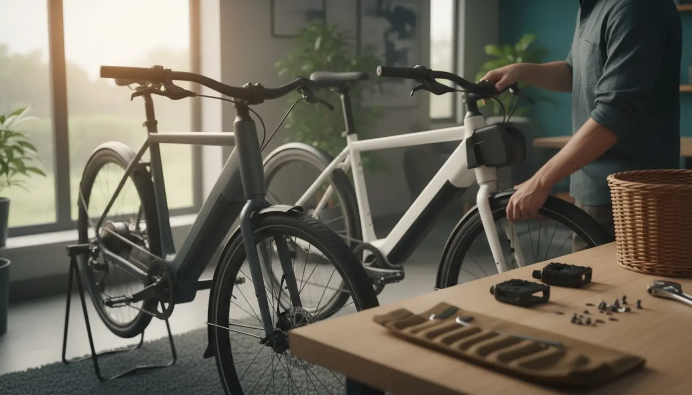 To elcykler samles i et lyst værksted; hænder spænder styret og sætter batteri på med unbrakonøgler og svensknøgle.