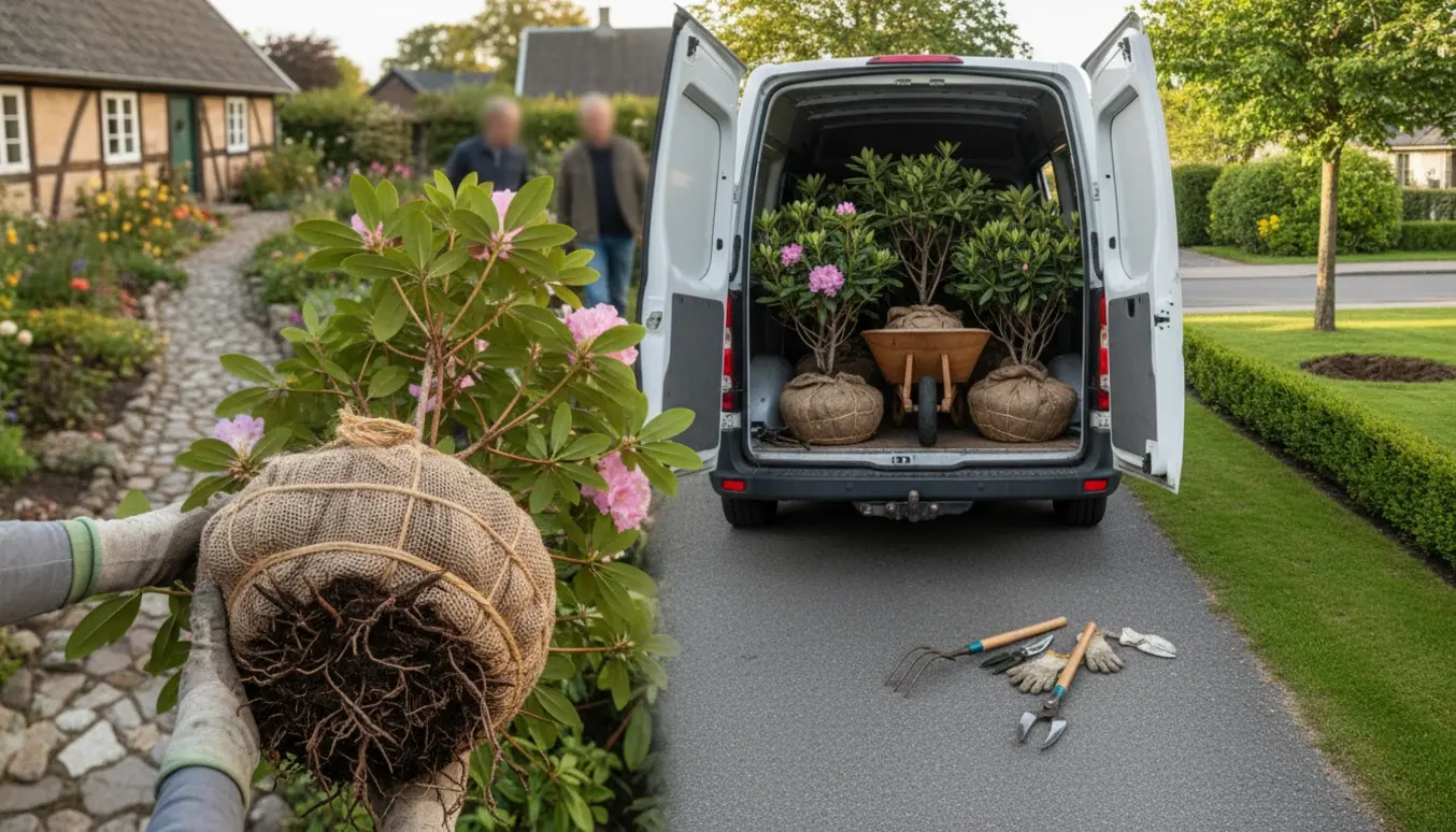 Rhododendron graves op, pakkes i jute og læsset i varevogn klar til transport mellem haver.