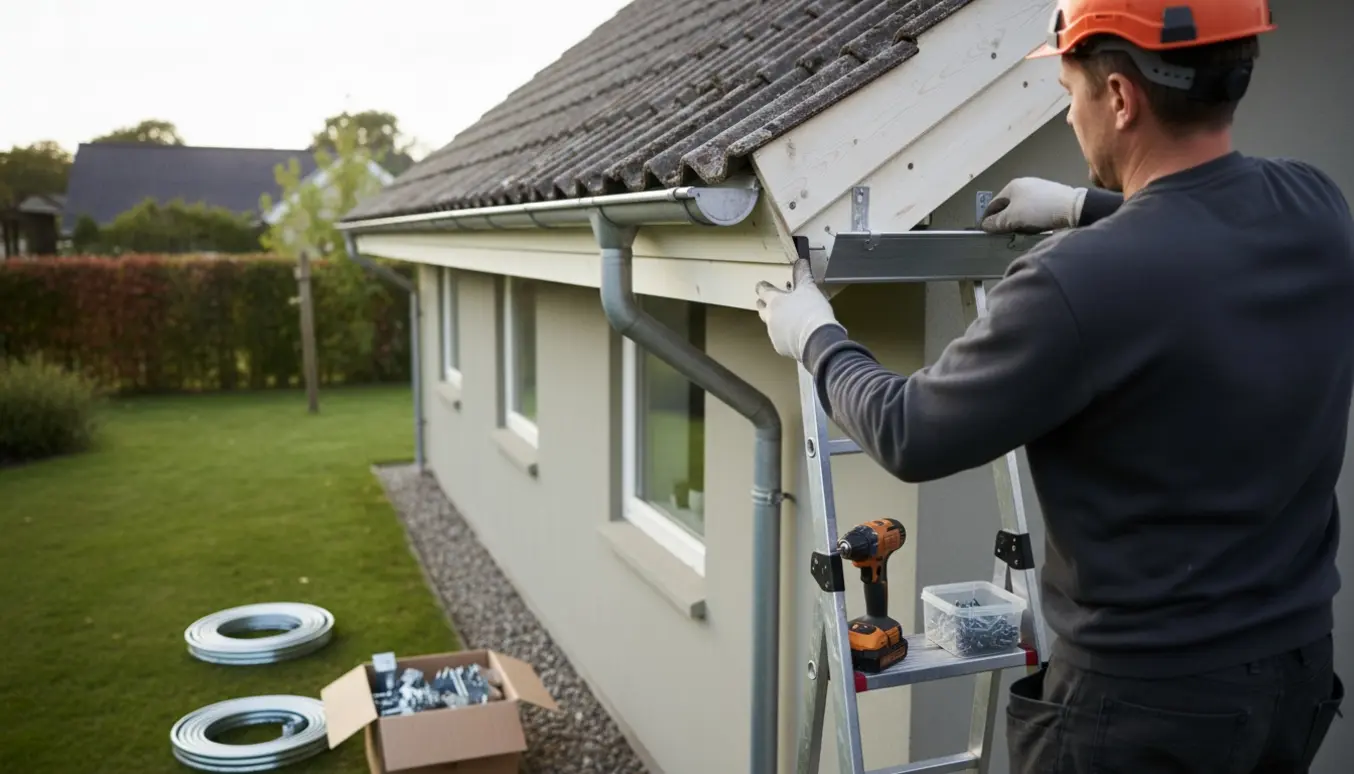 Håndværker monterer nyt aluzink-tagrende og nedløbsrør på et almindeligt parcelhus med nyt sternbræt.