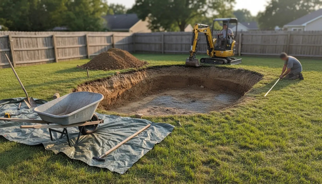 Ovalt udgravet hul i baghaven klar til en indbygget trampolin med jordbunker, trillebør og mini-gravemaskine.