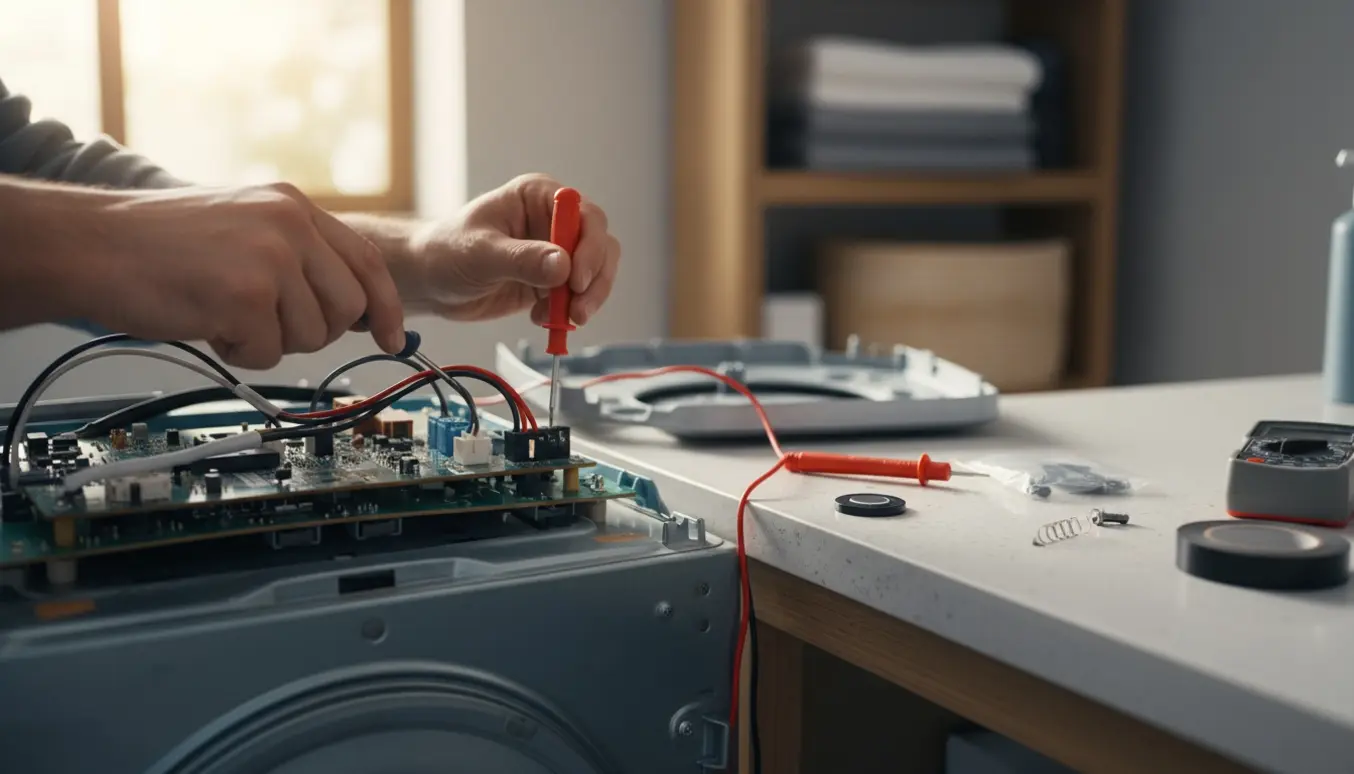Tæt billede af en tørretumbler under reparation med åben kontrolpanel og teknikerhænder, der tester startknappen.
