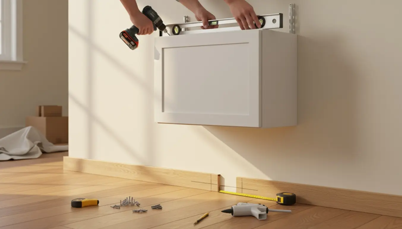 Hænder monterer en fodliste og ophænger et vægskab i et lyst, ryddeligt rum med værktøj ved siden af.