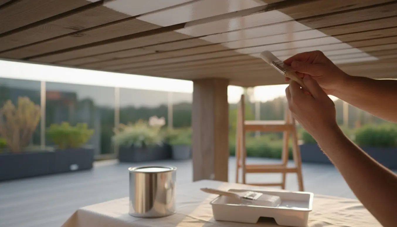 Hænder maler loftet på en terrasse med en lille pensel mellem træbrædder, malerbøtte og afdækning i sollys.
