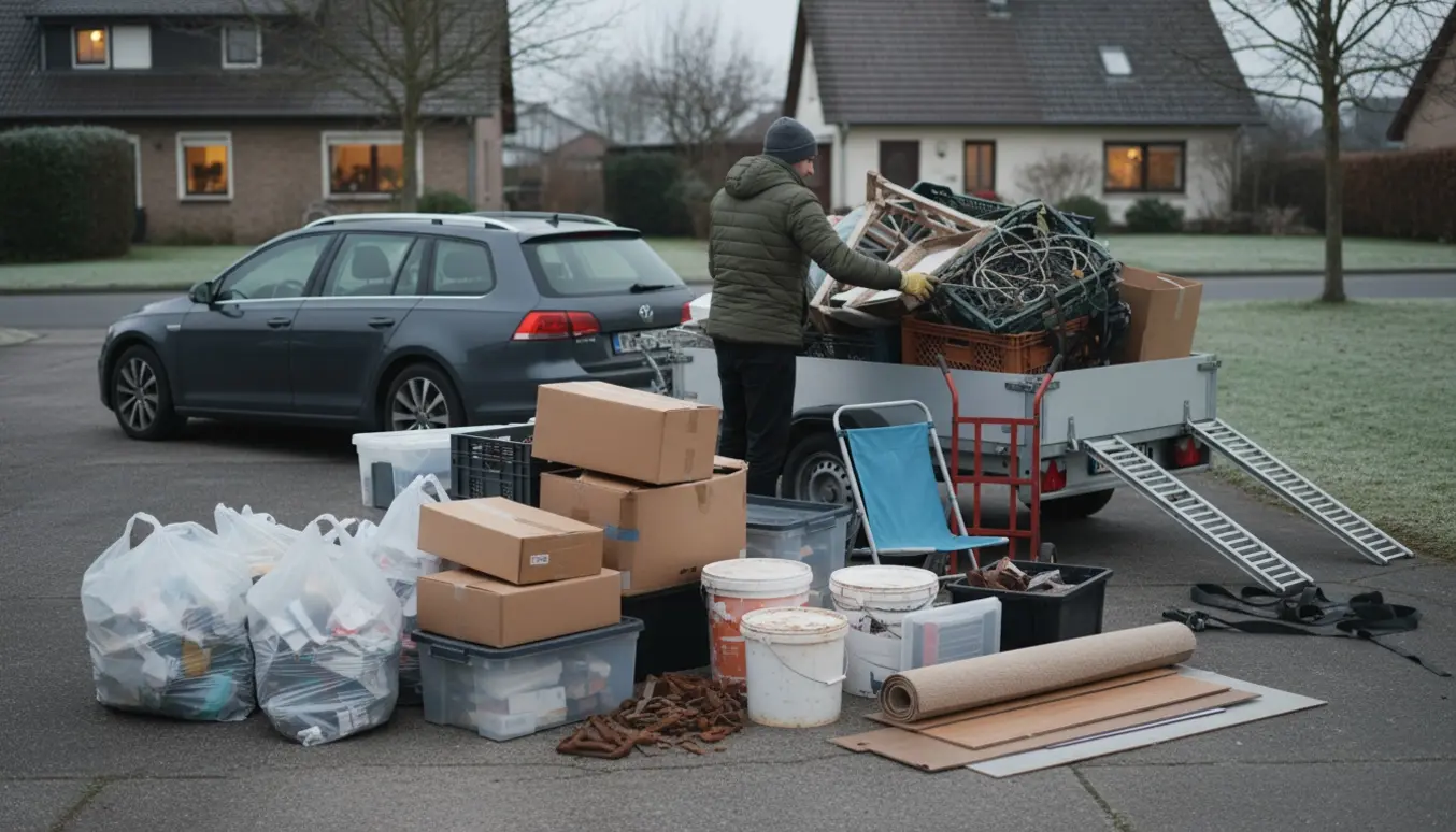Bil med trailer og stabler af gennemsigtige sække, pap, malerbøtter og møbler klar til kørsel til lossepladsen.