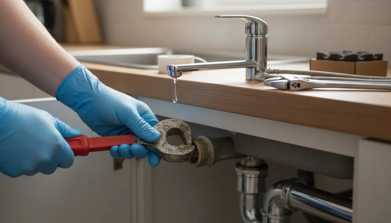 Hænder med værktøj under køkkenvasken skifter en dryppende hane, med ny hane og udskiflingsrør klar ved siden af.