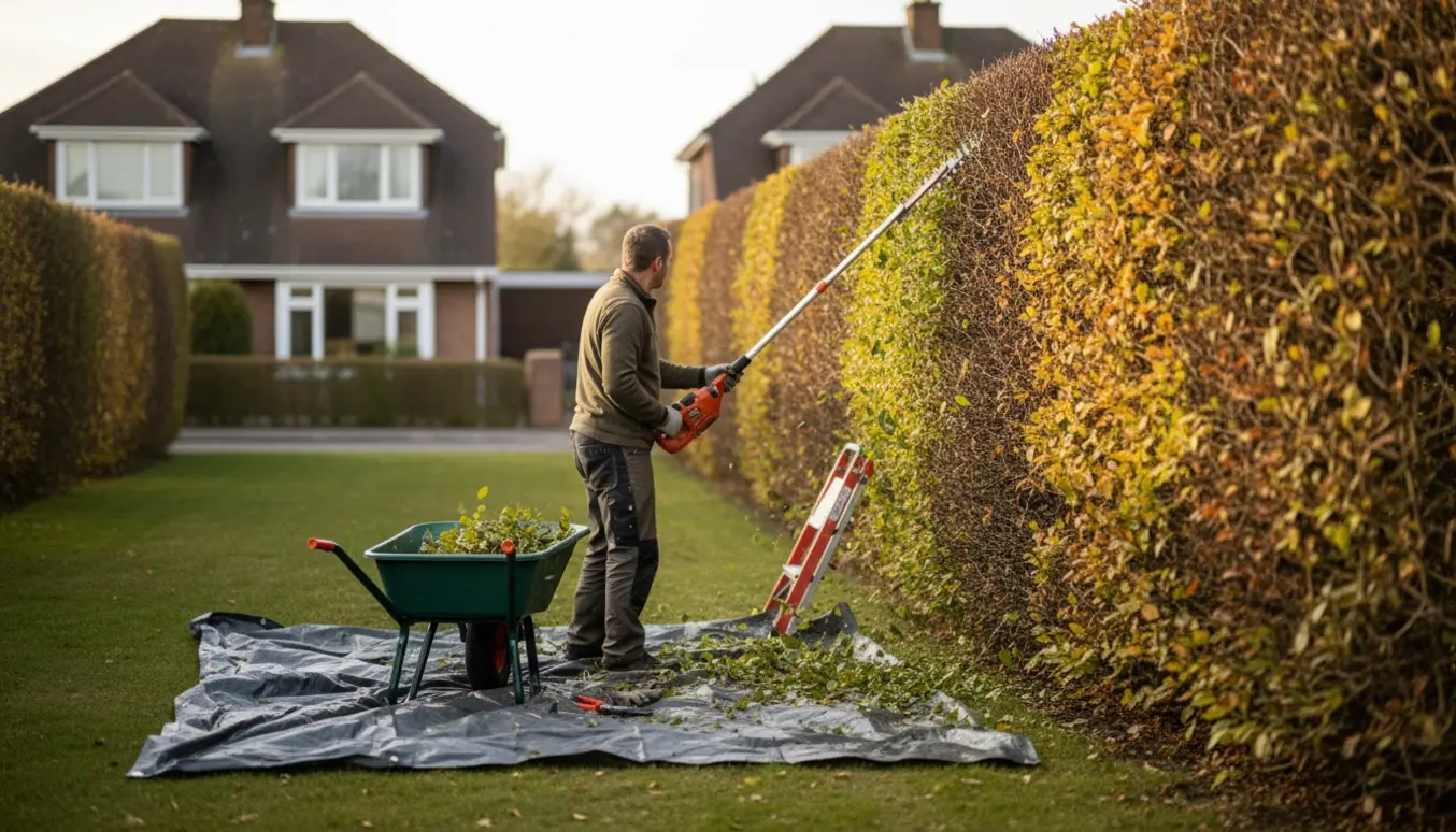 En bøgehæk langs en villavej bliver topbeskåret med en langhækkeklipper, mens friske afklip samles i en trillebør.