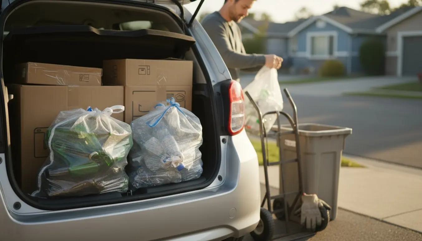 En person læsser sammenfoldede papkasser og to store poser med flasker i bagagerummet på en bil.