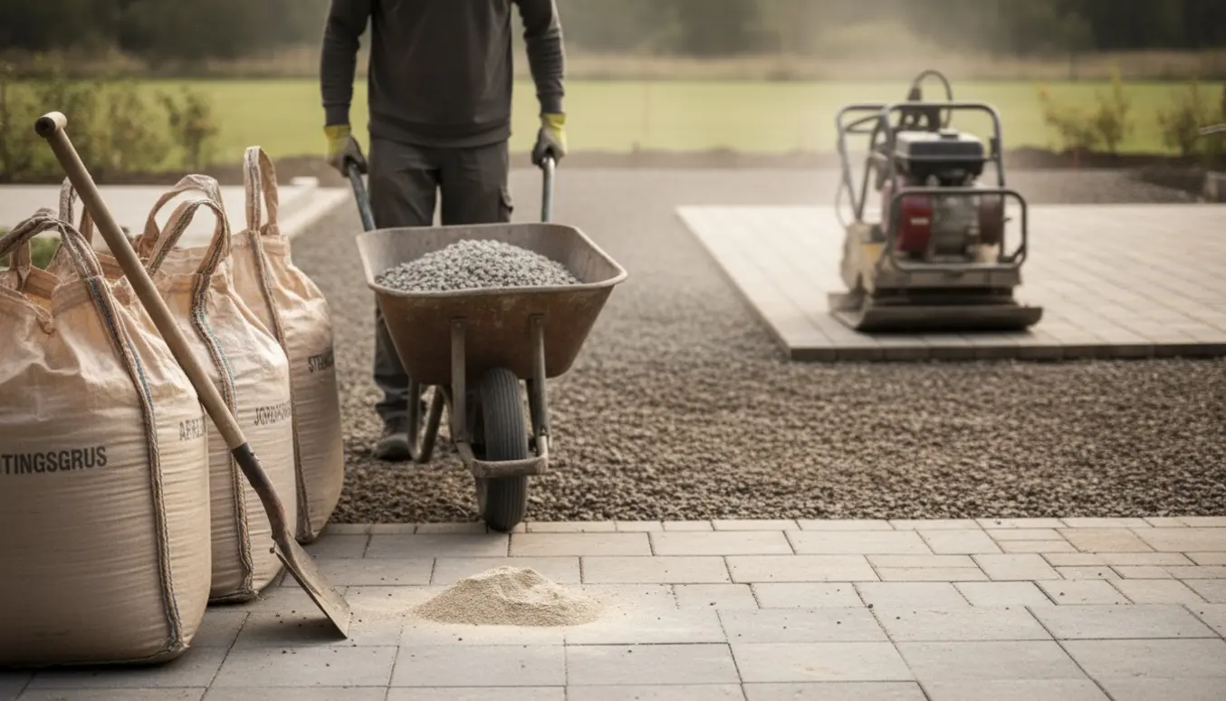Trillebør, bigbags med grus og en pladevibrator ved en terrasse, mens materialer flyttes og komprimeres.