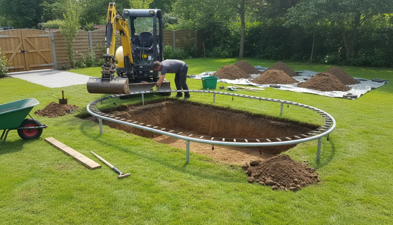 Mini-gravemaskine graver et 3 x 5 m hul til en oval trampolin, med jord lagt 5–7 meter væk.