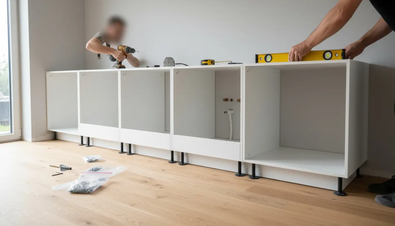 Hænder monterer underskabe i et nyrenoveret køkken uden fronter eller bordplade.