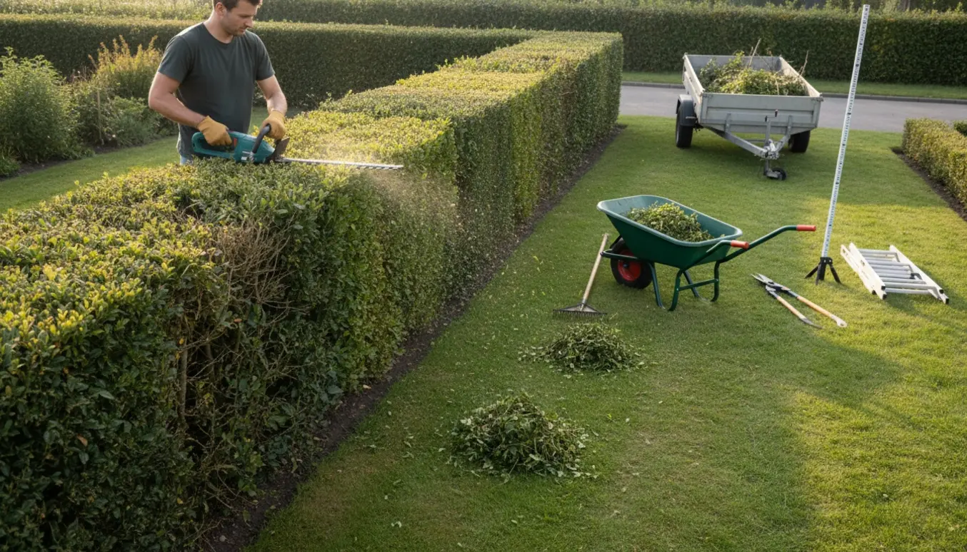 Gartner trimmer en lang havehæk, med afklip samlet i trillebør og trailer i baggrunden.