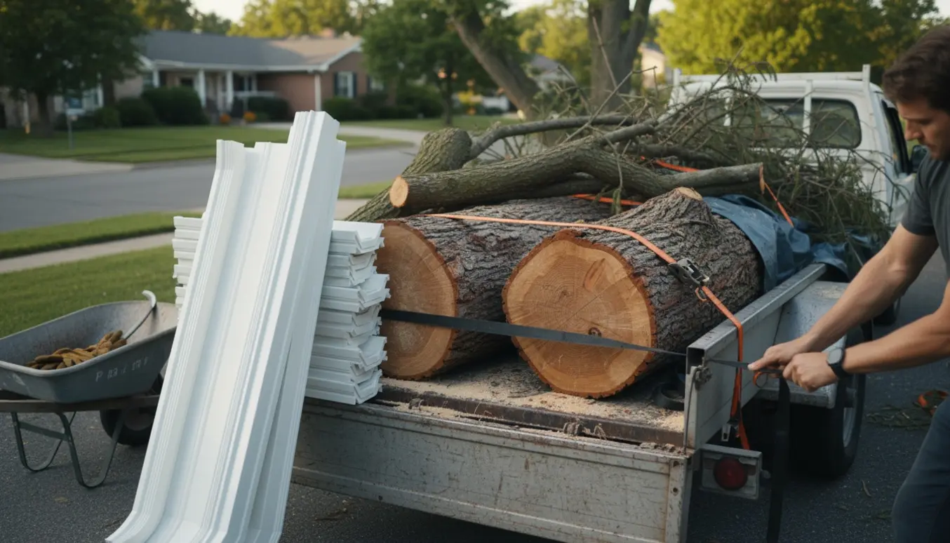 Pickup lastet med træstammer, grene og plasttagrender klar til bortkørsel i en indkørsel.