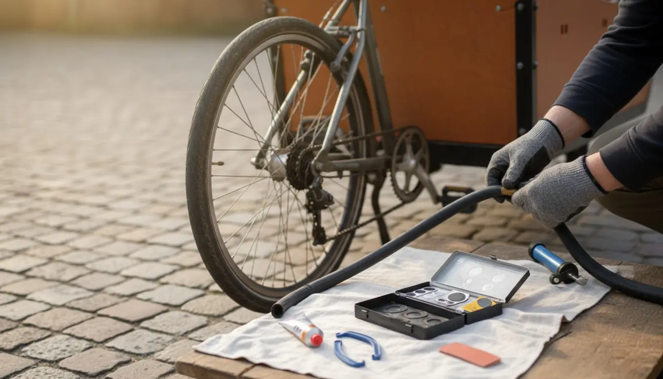 Nærbillede af lapning af punkteret bagdæk på en ladcykel med lapningssæt og værktøj.