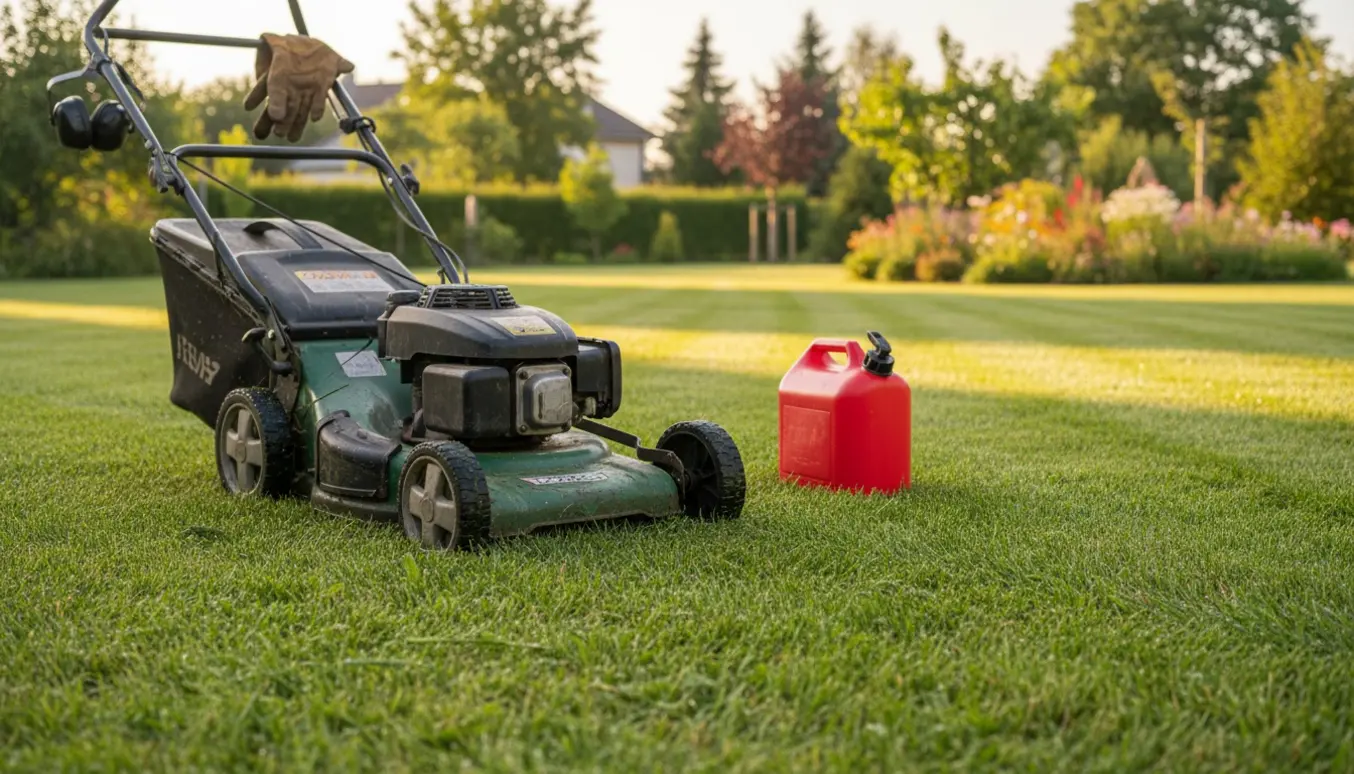 Benzindrevet græsslåmaskine og benzindunk på en nyklippet plæne med tydelige striber.