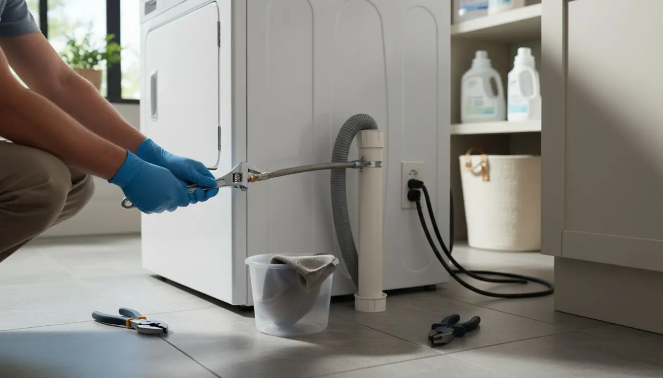 Glovede hænder tilslutter vand- og afløbsslanger til en vaske-tørremaskine i et lyst vaskerum.