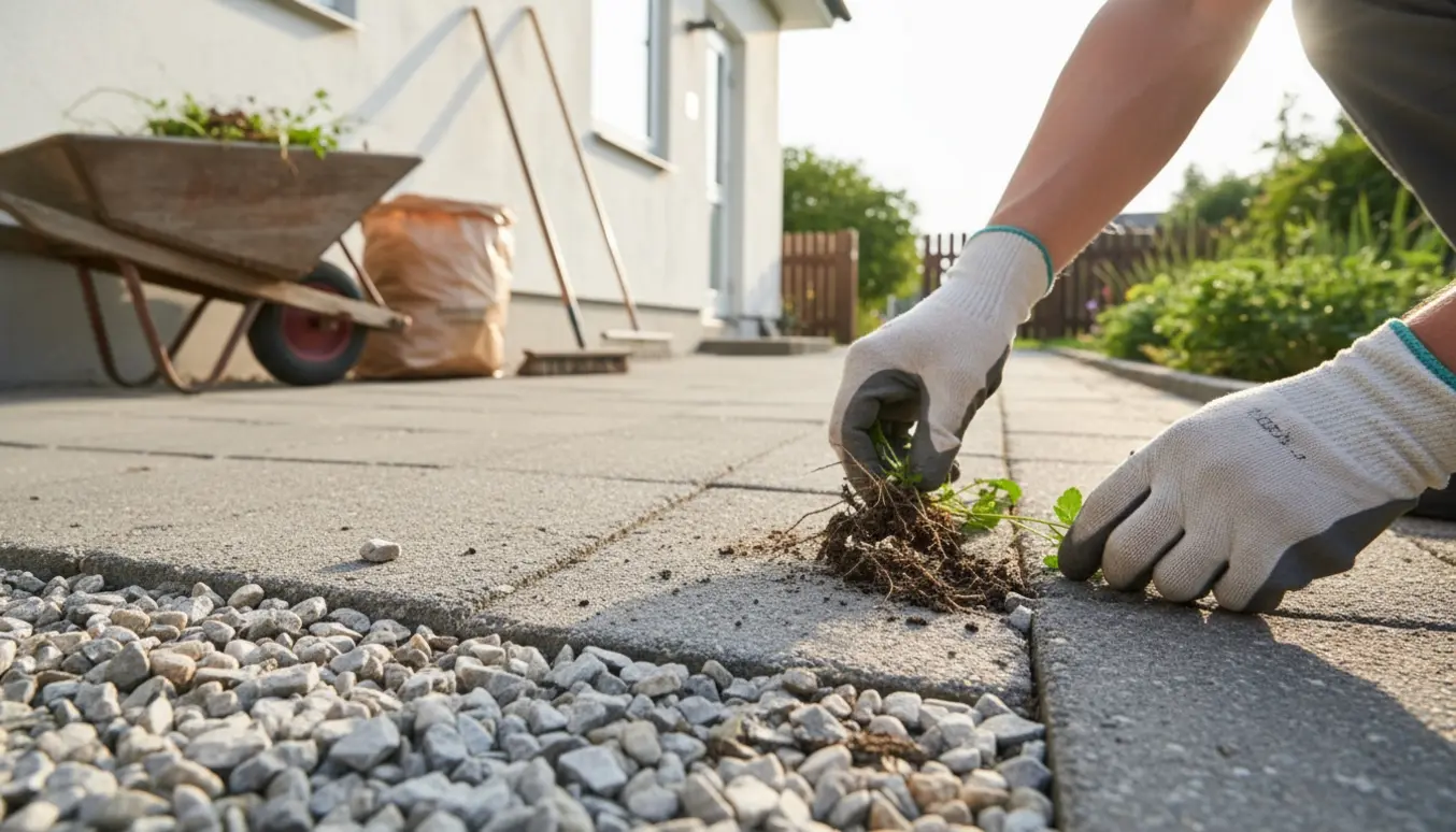 Nærbillede af en havehjælper, der fjerner ukrudt mellem ral og fliser med handredskaber og trillebør til bortskaffelse.